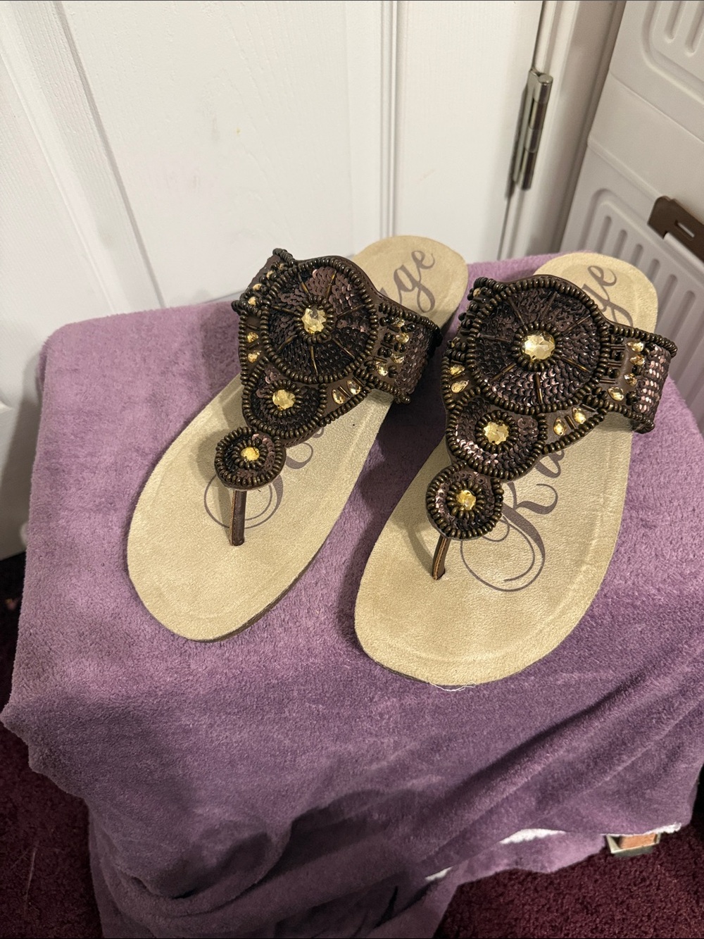 Rampage Brown Sandal with Gold Bead Accents
